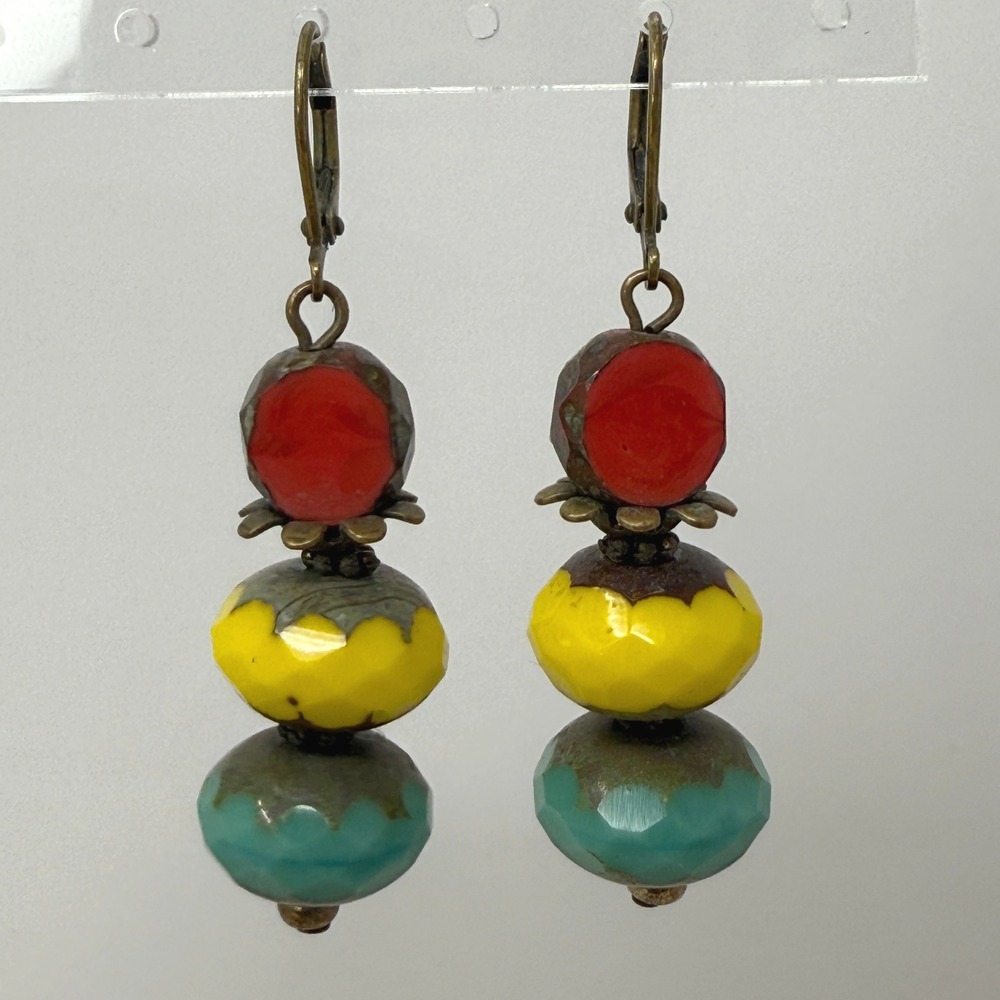 Red Yellow Turquoise Bead Dangle Earrings‎ Bohemian Antique Bronze Finish Spring